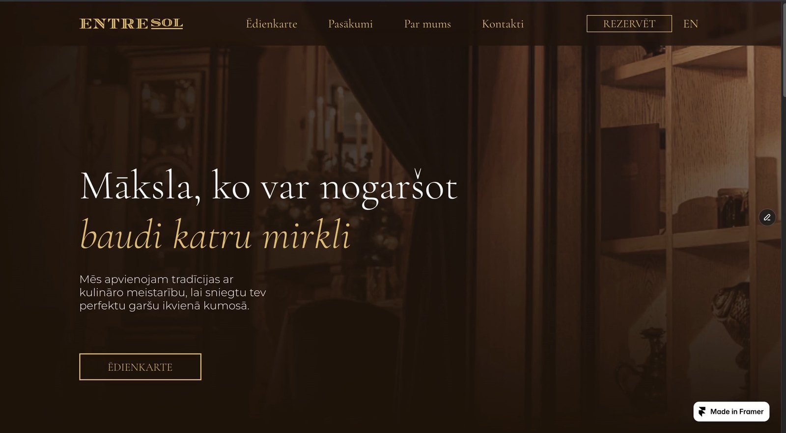 Entresol restaurant website home page, designed by Laizans Works