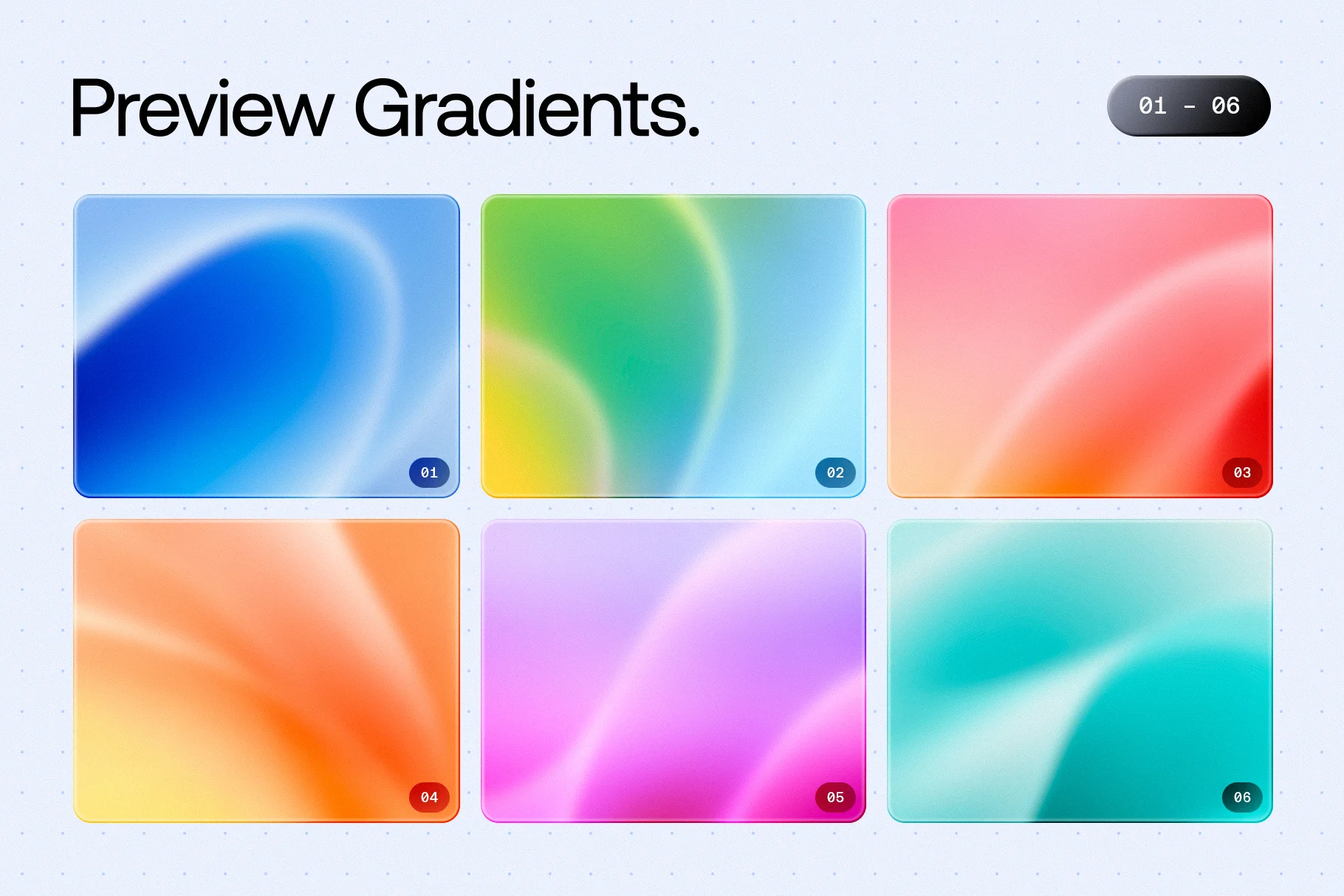 Preview of 6 Waveblur gradient backgrounds with vibrant color blends for UI, branding and web design.