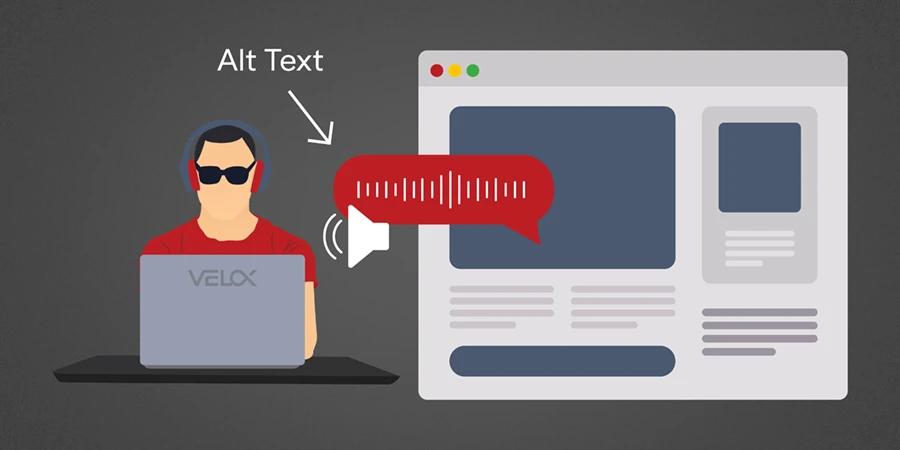 An illustrated person wearing sunglasses with headphones on at a computer listening to alt text.