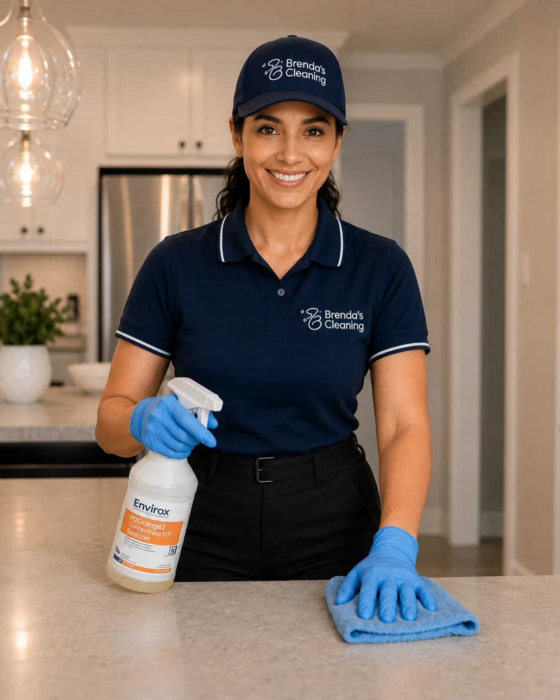 A smiling professional maid with Brenda's Cleaning service looking directly at the camera while sanitizing a light-colored kitchen countertop. She is holding a spray bottle of Envirox H2Orange2 Concentrate 117 Sanitizer in one hand and resting her other hand on a blue microfiber cloth. Dressed in a branded navy blue uniform polo shirt, matching baseball cap, black trousers with a belt, and blue protective gloves, she highlights eco-friendly residential disinfecting, local housekeeping, and premium maid services inside a modern home kitchen with a stainless steel refrigerator visible in the background.