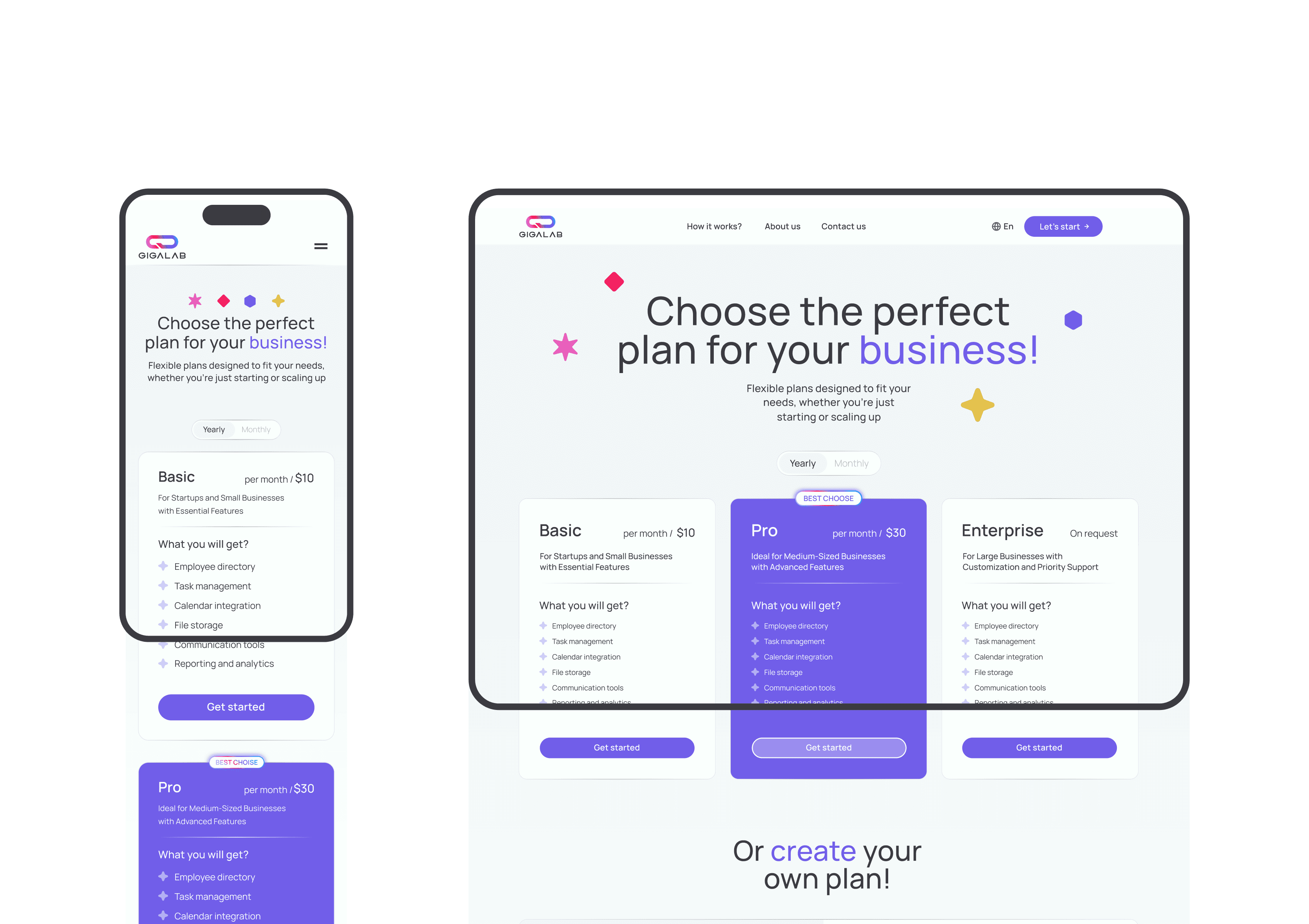 Pricing plans of Gigalab website showing Basic, Pro, and Enterprise subscription tiers with clean minimal layout.