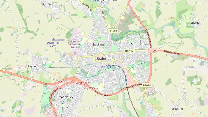 Map showing Braintree in Essex