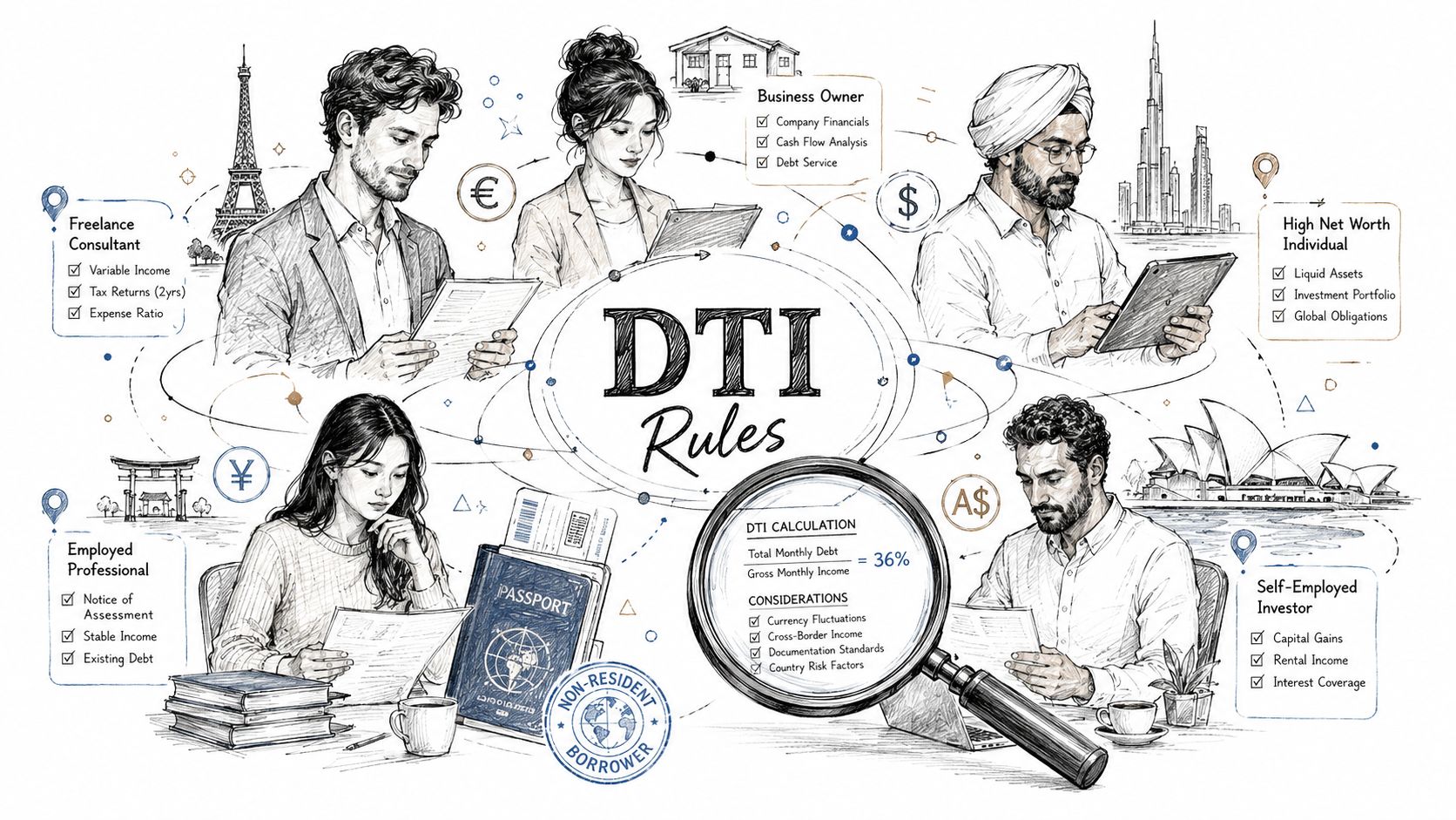 A professional illustration explaining DTI rules for various international borrower profiles, including debt to income ratio calculations.