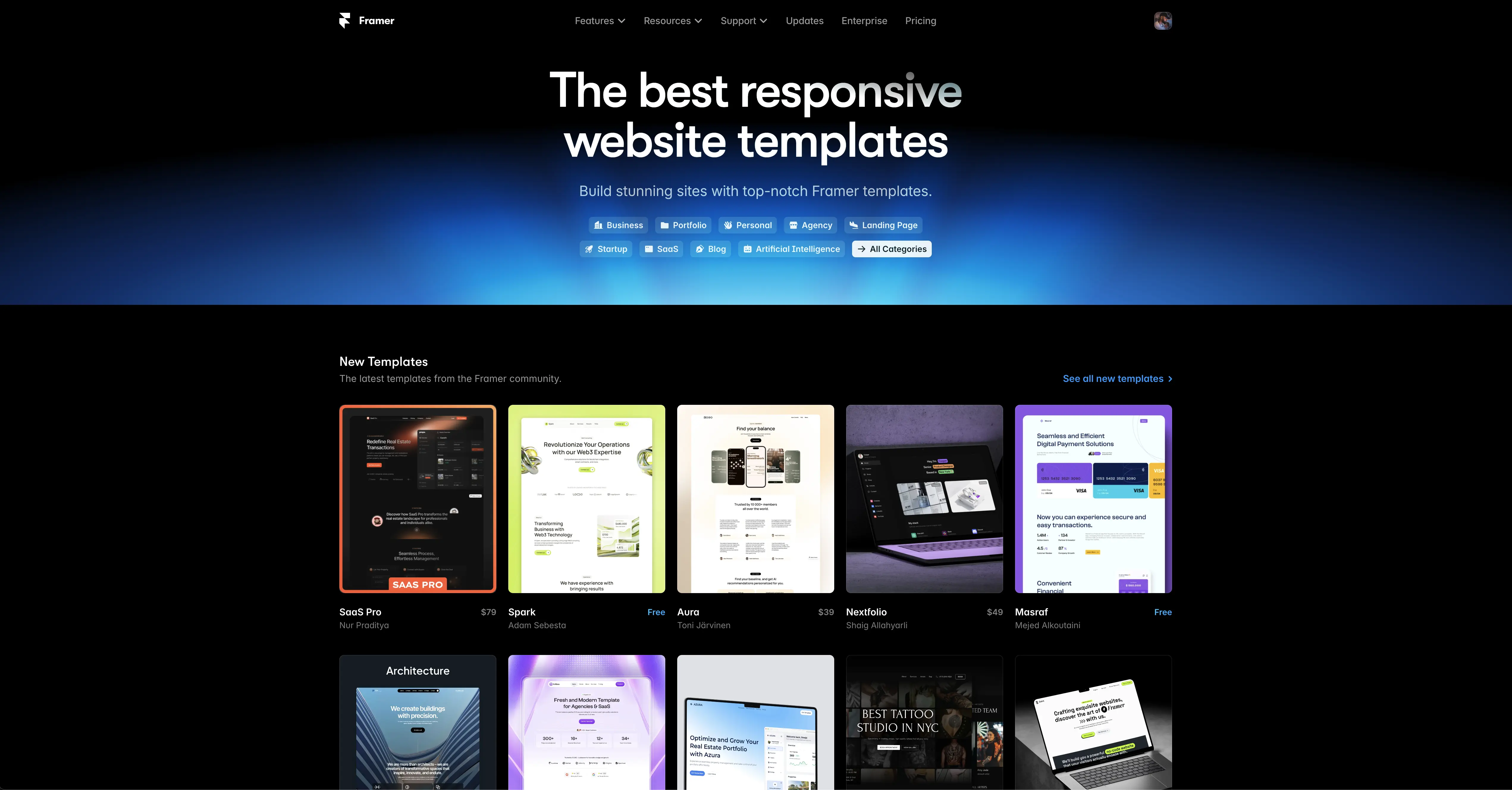 A screenshot of the Framer template marketplace