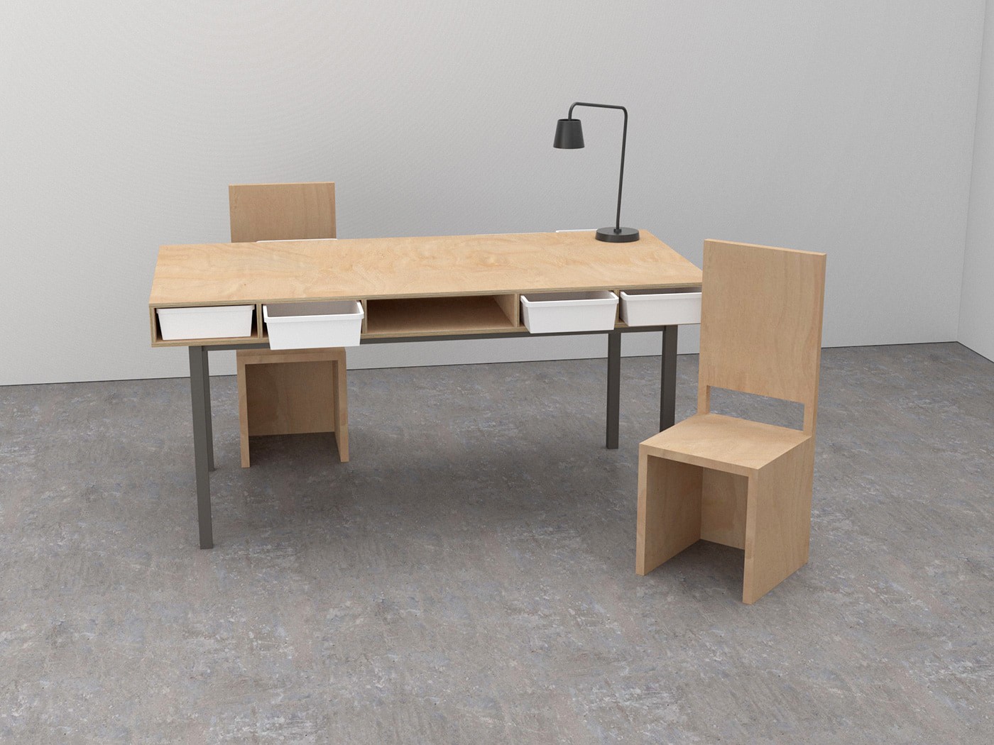 합판 소재의 원근 뷰, 견고하고 실용적인 Draw Table 전경 – Studio Underscore 그래픽 및 제품 디자인