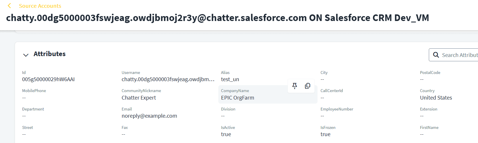 SailPoint Identity Security Cloud source account details page showing Salesforce user attributes, including username, email, company name, active status, and frozen status.