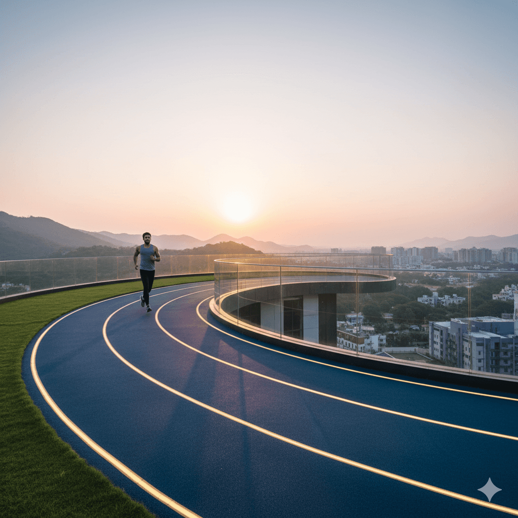 Exclusive rooftop jogging track amenity with panoramic views, M3M low-rise development
