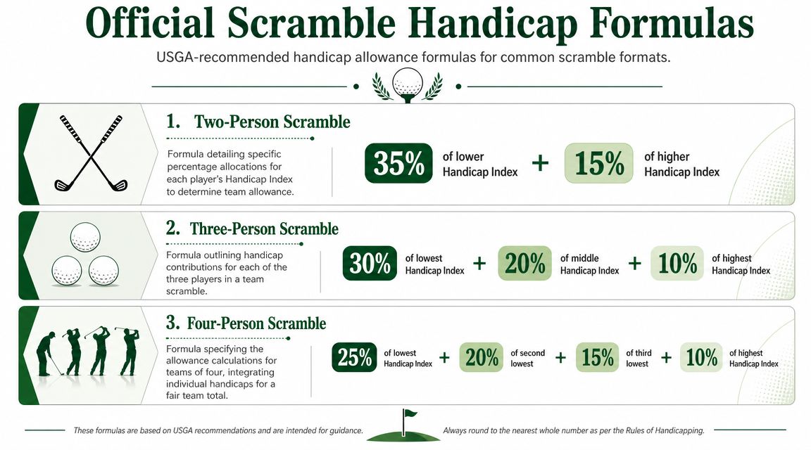 A chart detailing the USGA-recommended handicap allowance formulas for two-person, three-person, and four-person scramble golf tournaments.