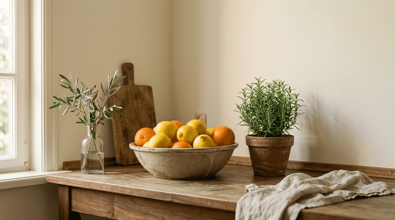 A bowl of fresh lemons and oranges on a wooden kitchen counter.