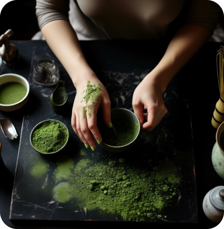 Preparing Kratom powder. Hands mixing green powder in a bowl with more powder on the surface.