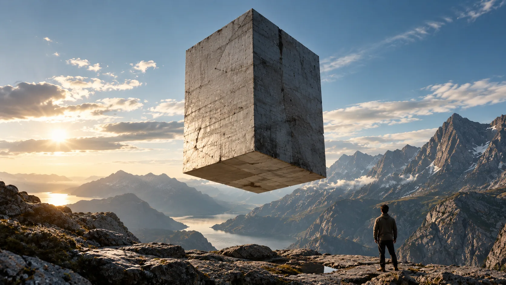 Concrete monolith floating over a mountain valley