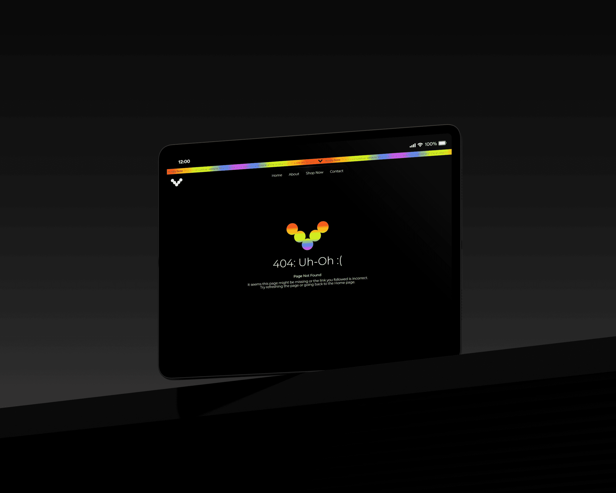 A mockup showing the 404 page of the Vitame website design on an iPad screen.