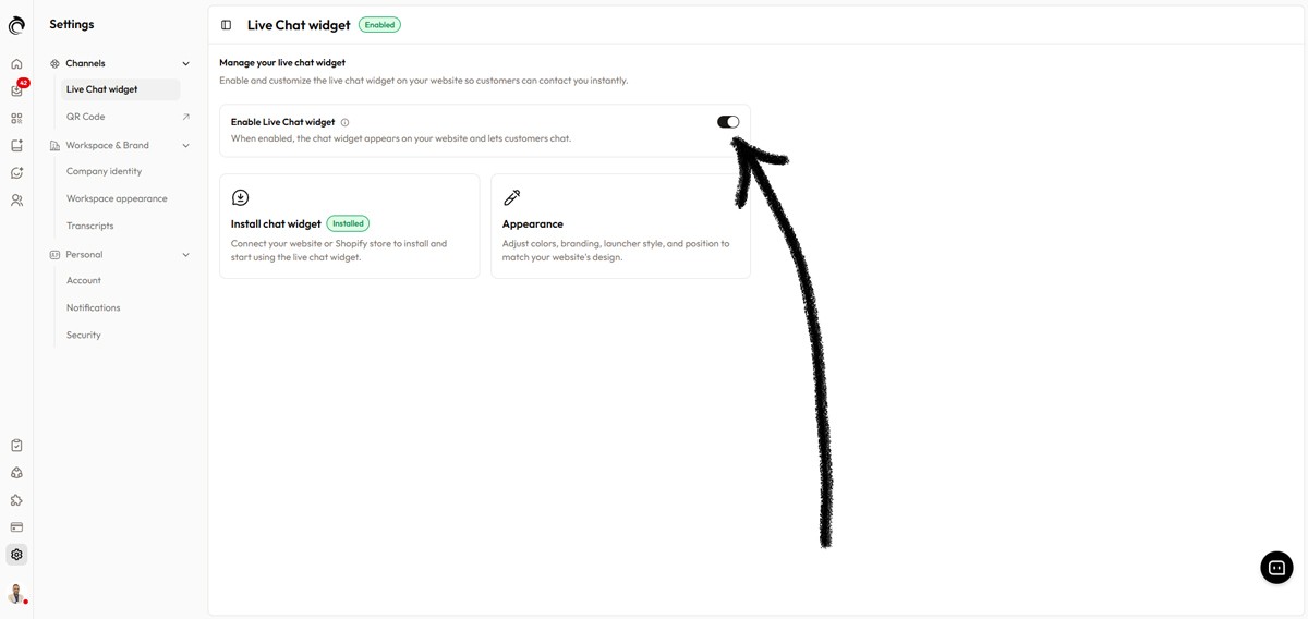 AskDolphin Live Chat widget settings showing toggle to disable chat widget on website