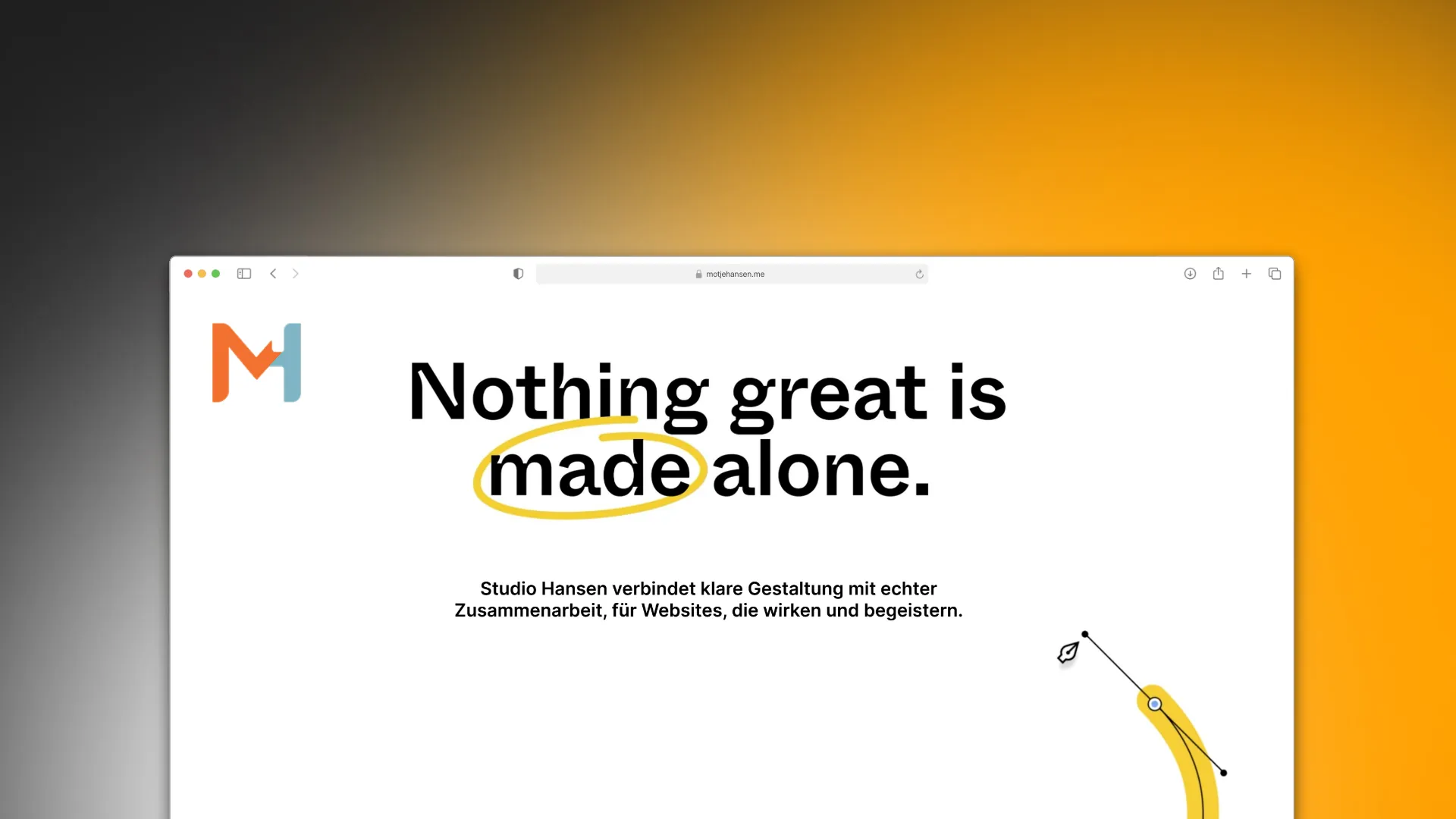 Website mit soruch nothing great is made alone mit gelben background