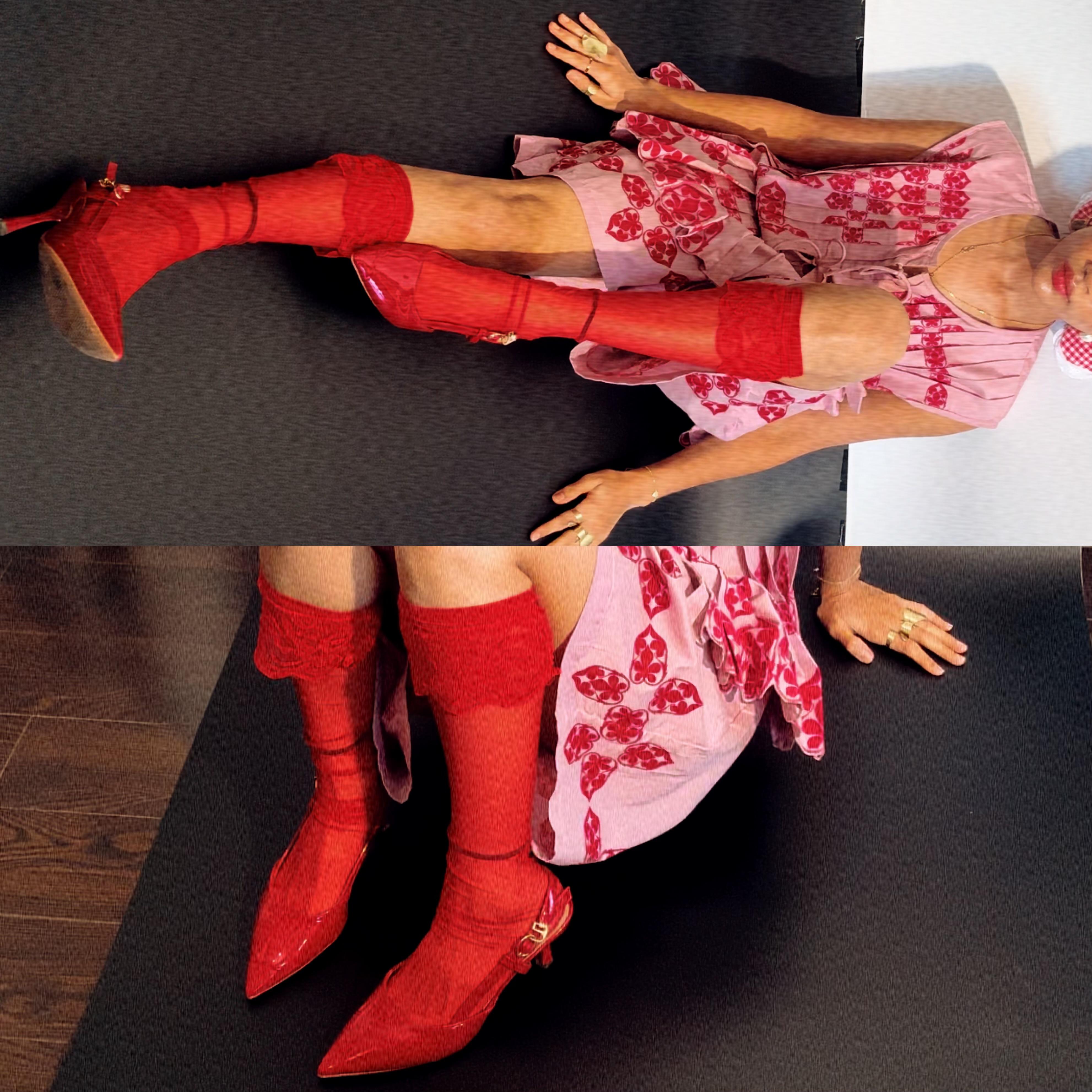 red boots and stockings with a red and pink dress, bright red lipstick 