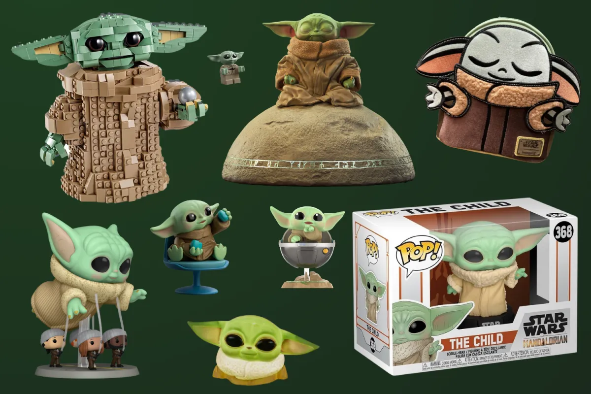 A collection of Grogu-themed merchandise, including LEGO sets, Funko Pop figures, a Loungefly bag, and collectible statues. Each item showcases different moments from Grogu’s journey in The Mandalorian, highlighting his immense popularity in Star Wars fandom.