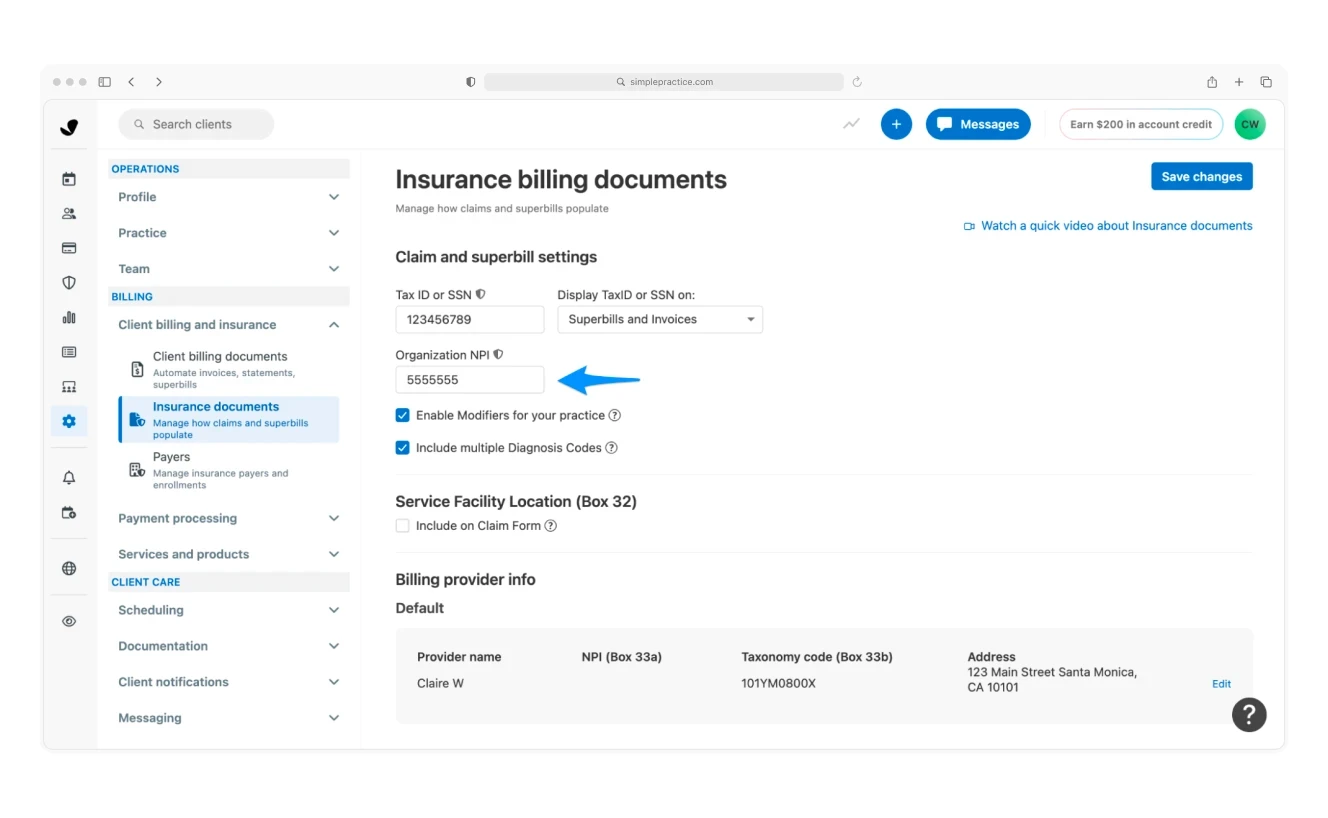 An insurance billing document management interface in SimplePractice. The interface allows users to configure claim and superbill settings, including Tax ID, Organization NPI, and modifiers for practice. The sidebar on the left contains navigation options such as client billing, insurance documents, and payment processing.