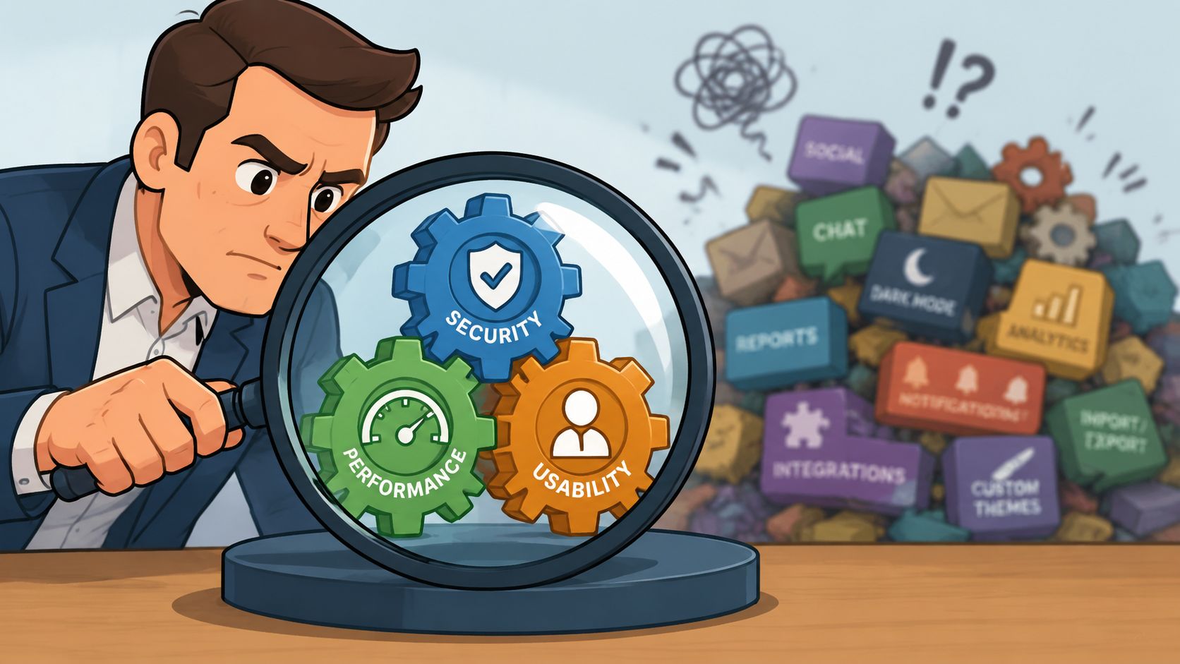 A businessman examining business software features including security, performance, and usability through a magnifying glass.