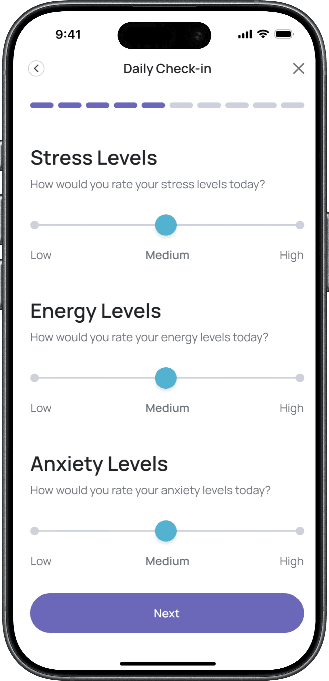 Stress levels daily check in app mockup