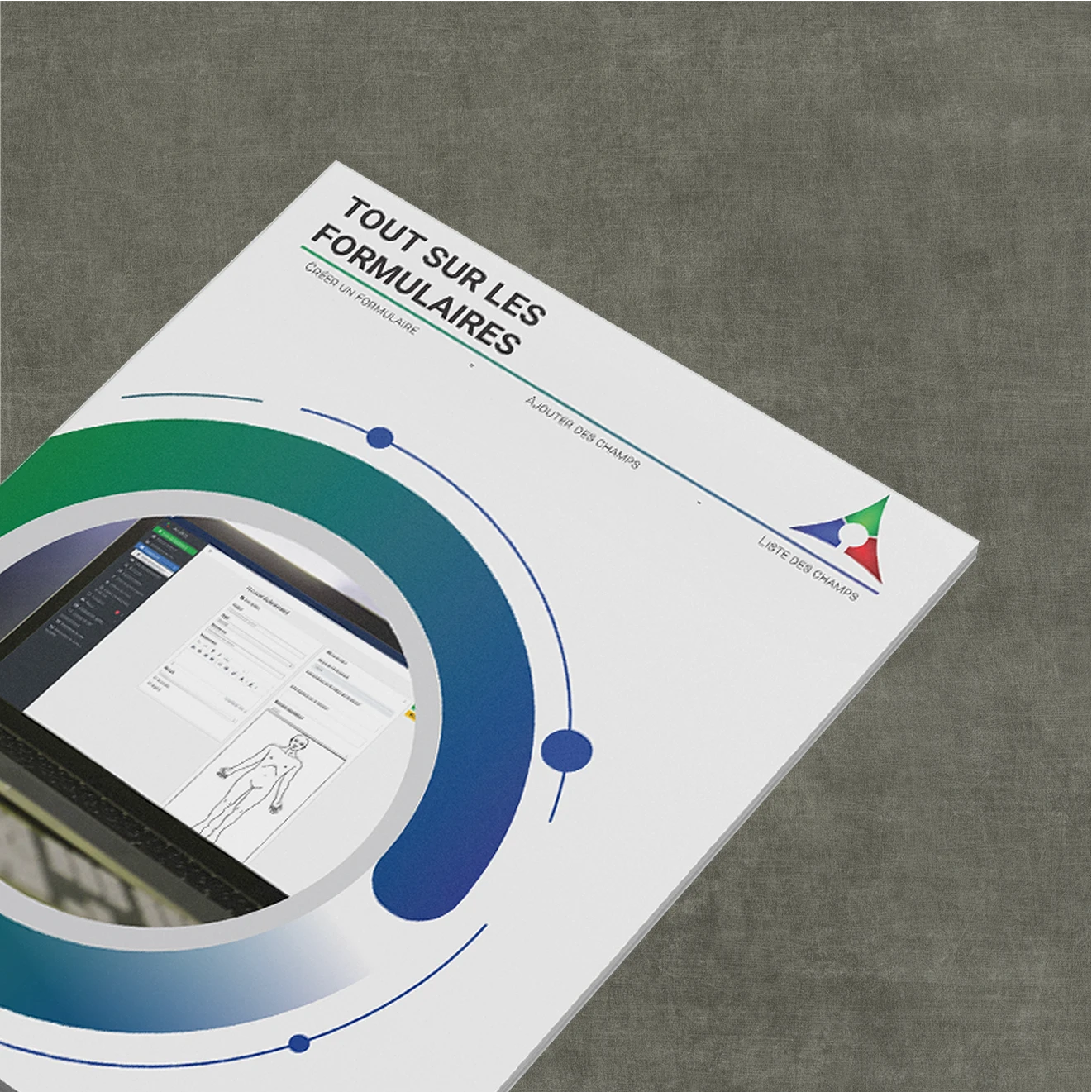 Couverture du guide utilisateur AniKit intitule Tout sur les formulaires avec visuel d ecran de creation de formulaire sur fond graphique circulaire.