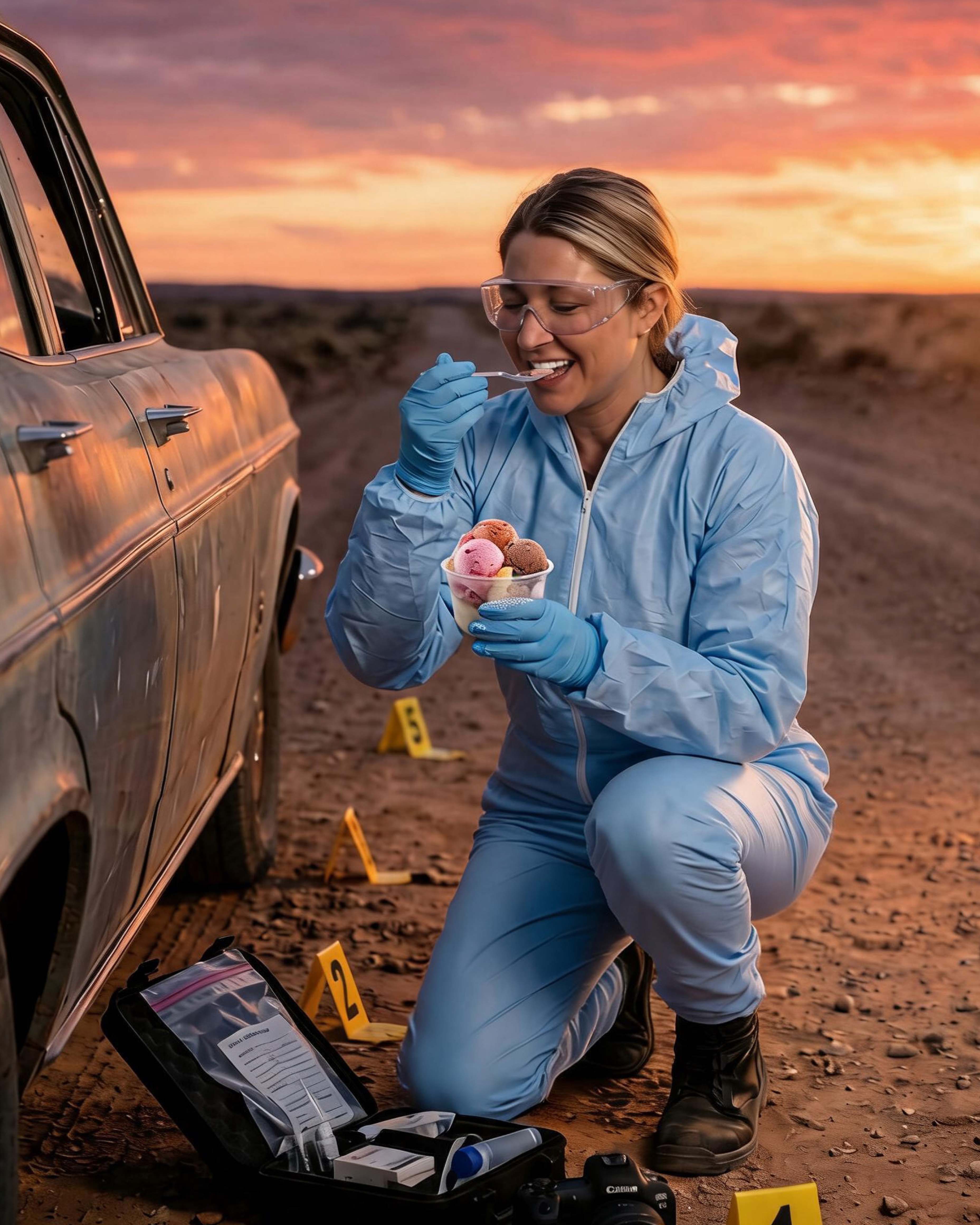 Woman eating ice cream at a crime scene