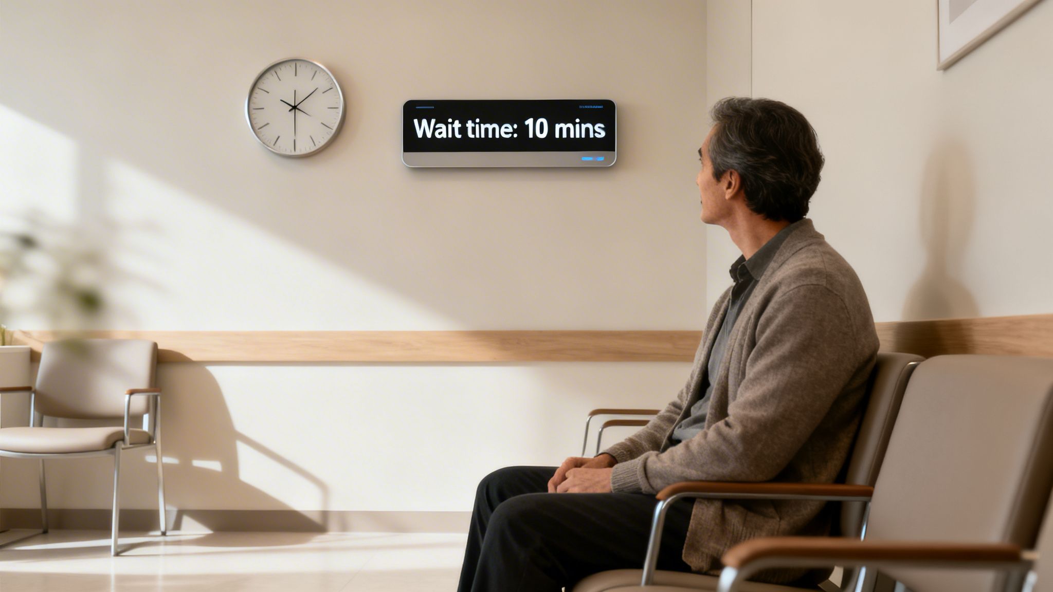 A man patiently waits in a clinic, observing a digital screen showing a 10-minute wait time.