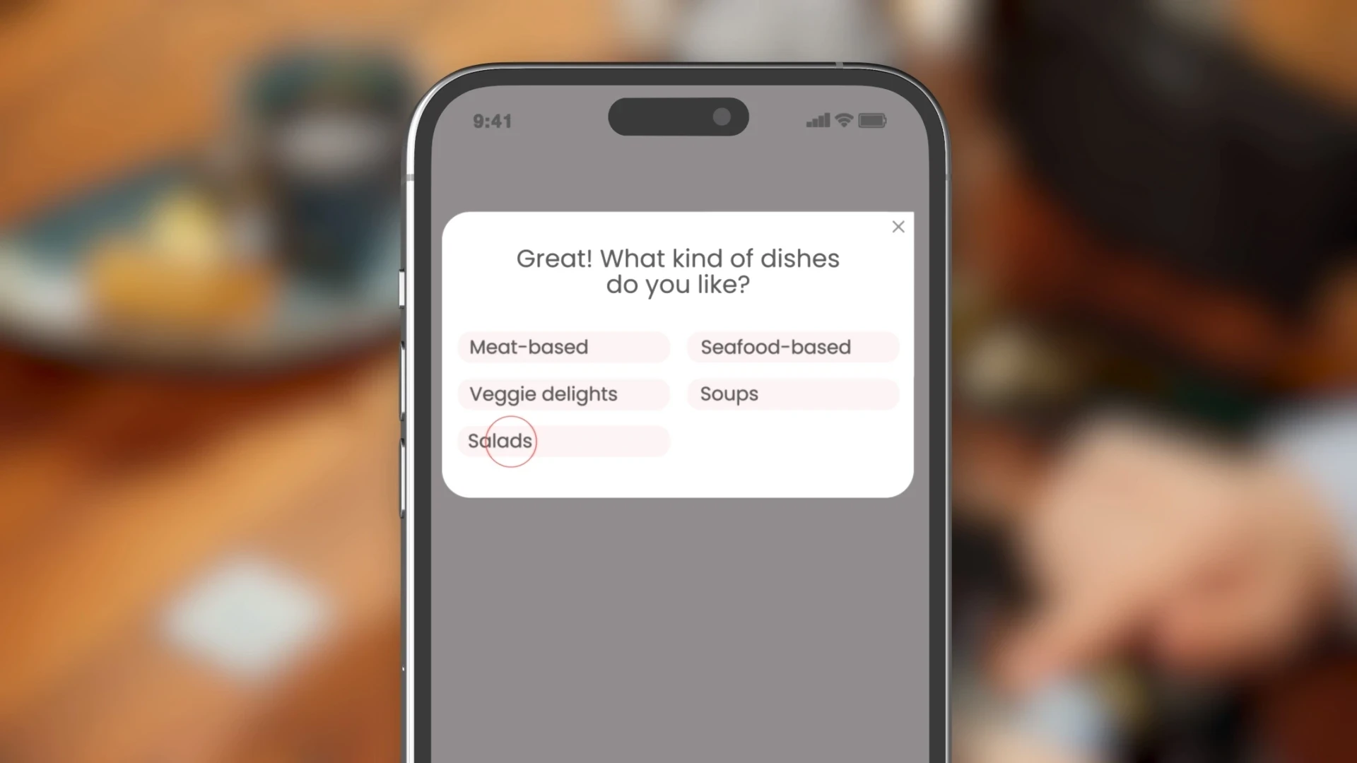 Tiponline POS video poster showing an AI ordering assistant asking about food preferences on a smartphone.