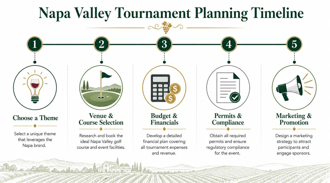 A five-step planning timeline infographic for organizing a successful golf tournament in the Napa Valley region.