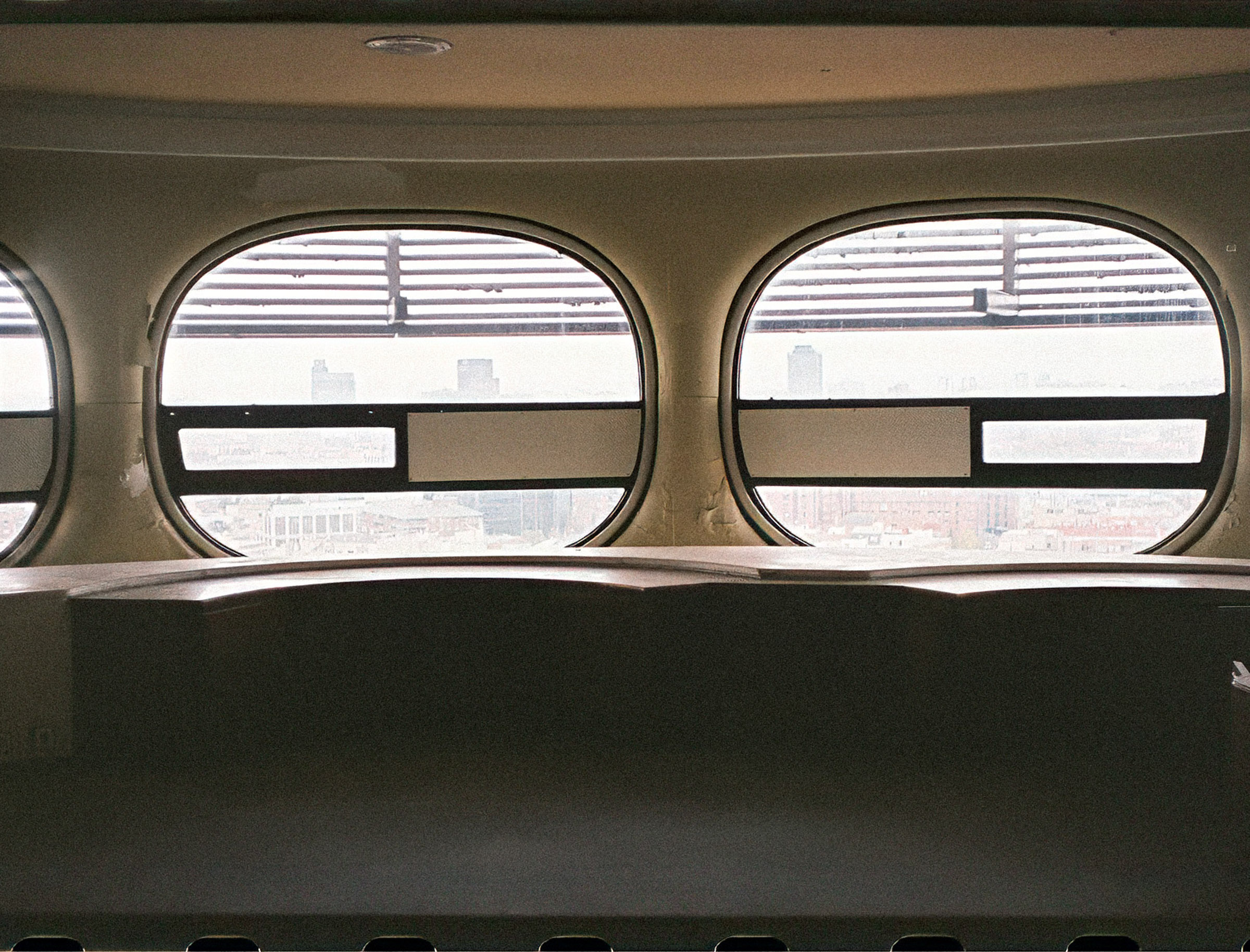 Curved interior windows on the 22nd floor of Torres Blancas in Madrid.