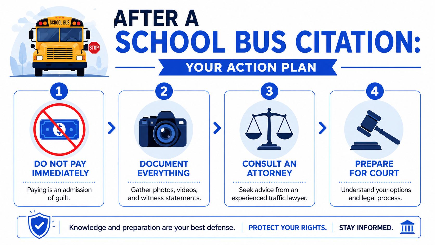 An infographic titled After a School Bus Citation detailing four steps to take after receiving a ticket.