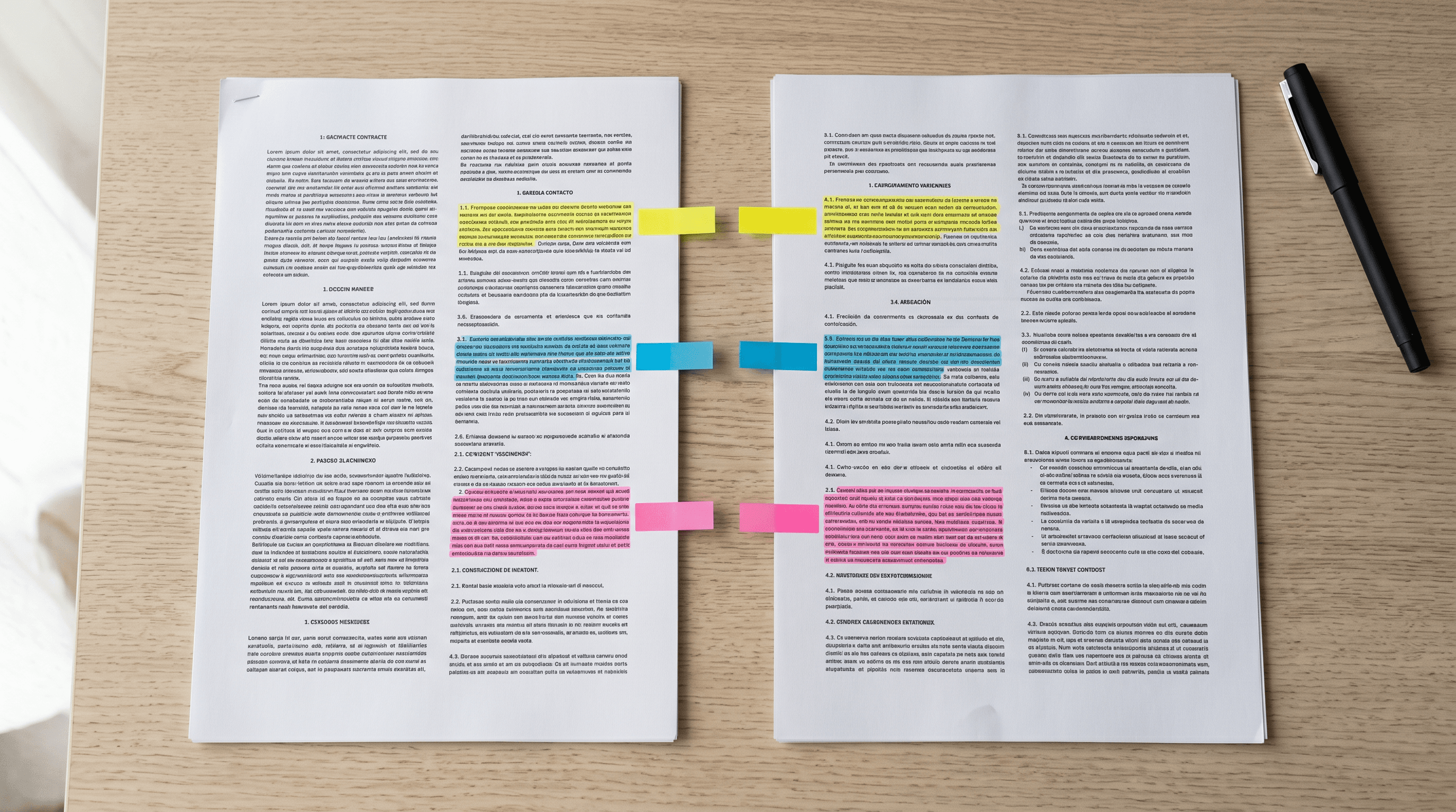 Printed bilingual contract pages laid side by side with matching highlights