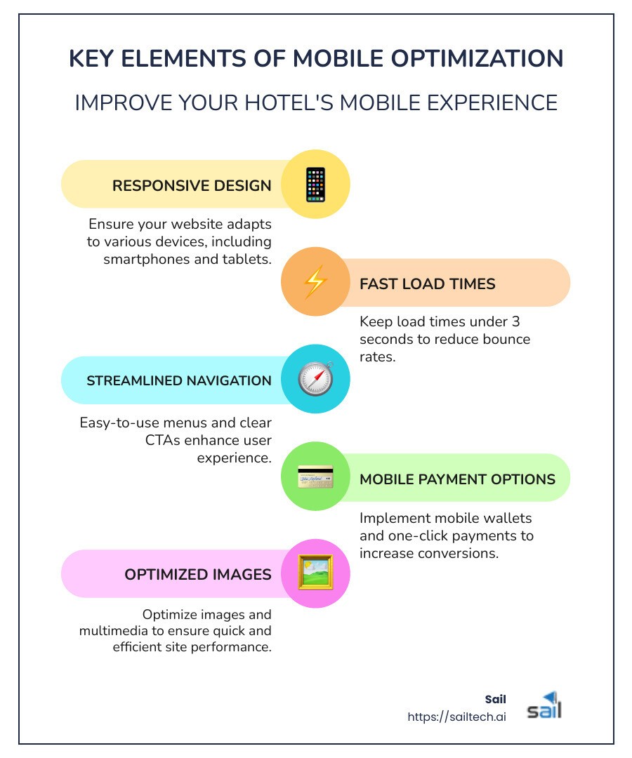Mobile-optimized payment options increase conversions - hotel direct bookings mobile optimized infographic infographic-line-5-steps-colors