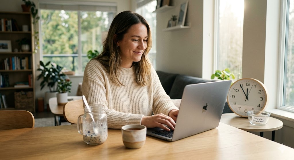A content young woman working comfortably on a laptop at a sunny home office table. In the foreground is a glass jar with residual overnight oats, a cup of tea, and a nearby analog clock and a bowl labeled 'Granola snack bowl,' illustrating healthy, satisfying eating and productivity.