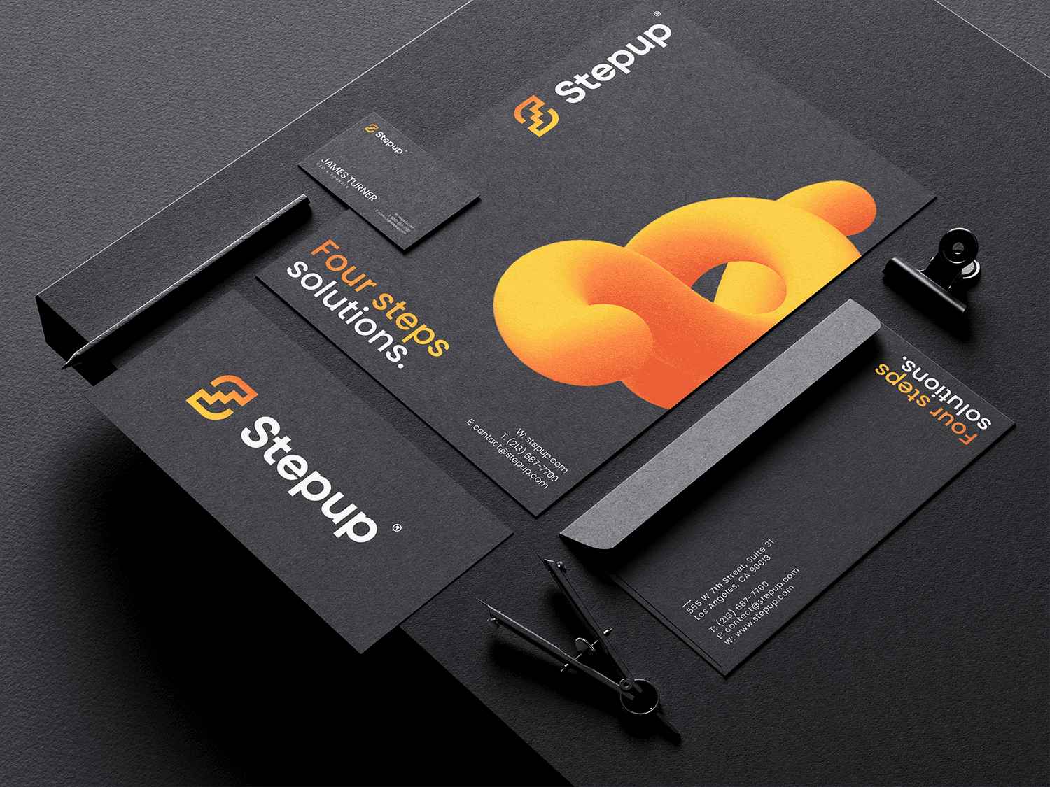 Stepup® stationery mockup displaying business cards, letterhead, and envelopes, designed for cohesive branding.