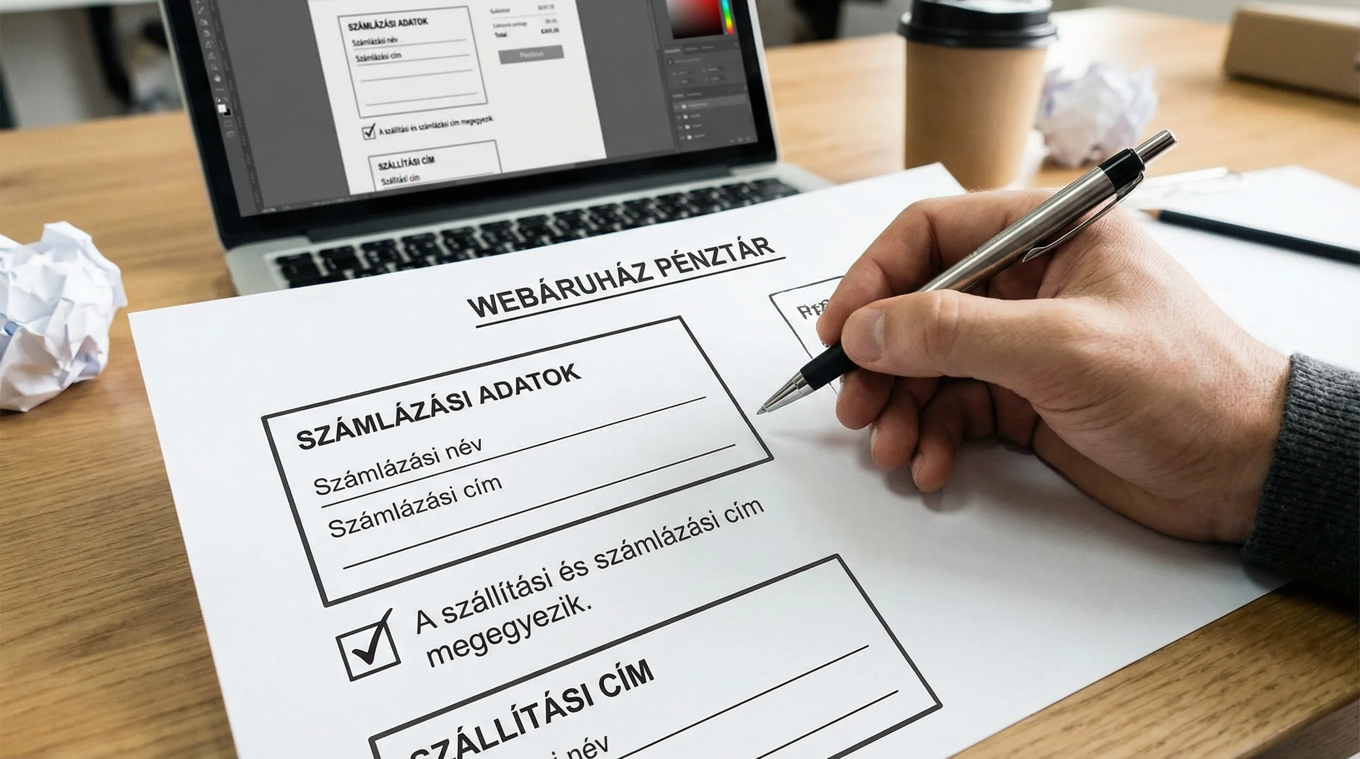 Webáruházas checkout képernyő vázlata, ahol külön blokkban szerepel a számlázási név és számlázási cím mező, valamint egy jelölőnégyzet a szállítási és számlázási cím egyezéséhez.