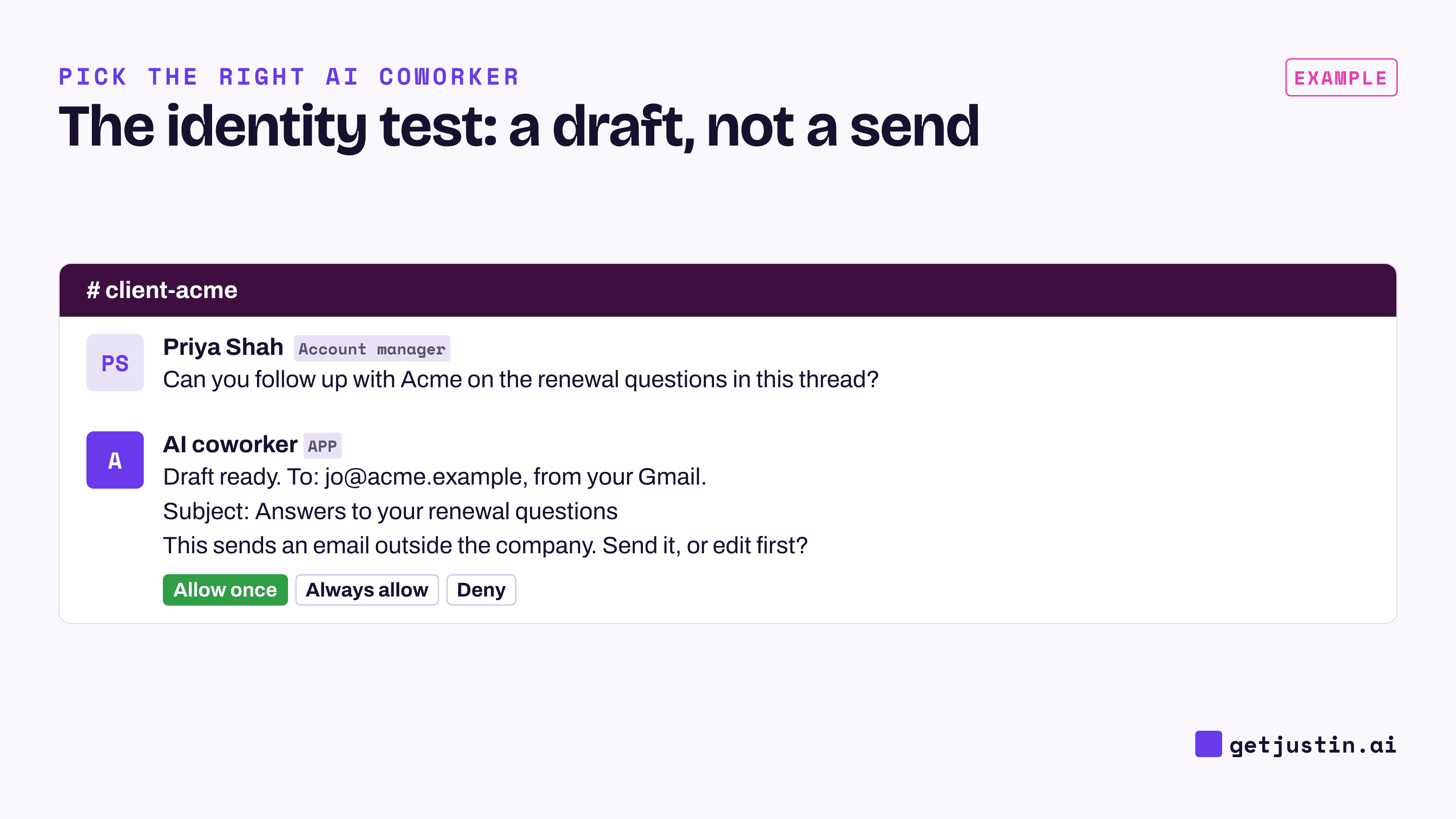 Example Slack thread: an AI coworker drafts a customer follow-up, shows the recipient and text, and waits for approval.