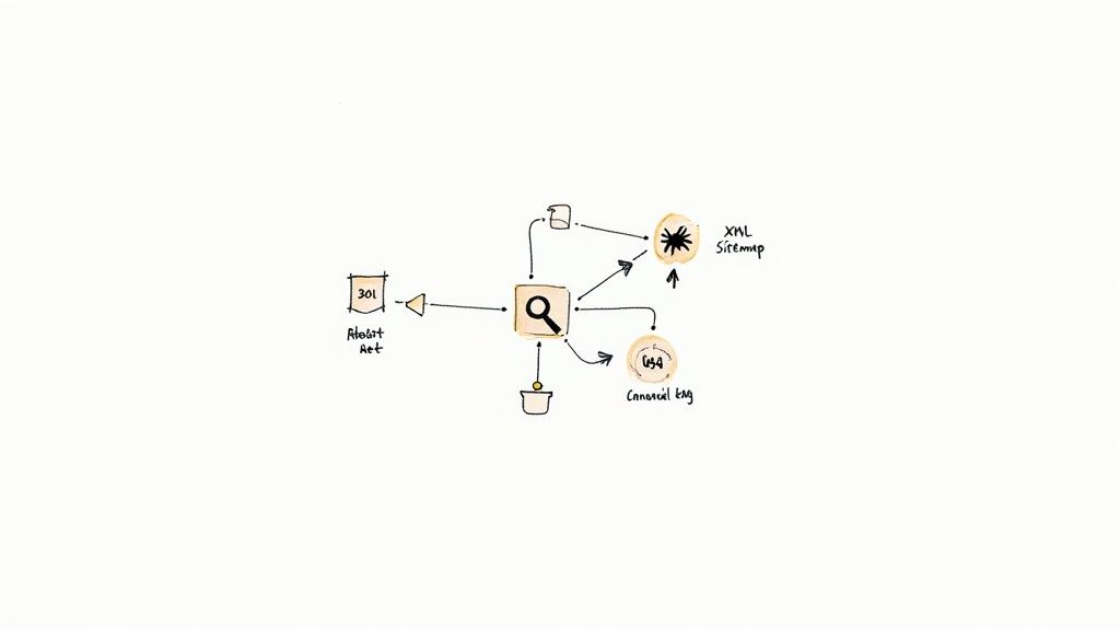 Diagram showing site audit process with robot agent, search icon, XML sitemap, and canonical log