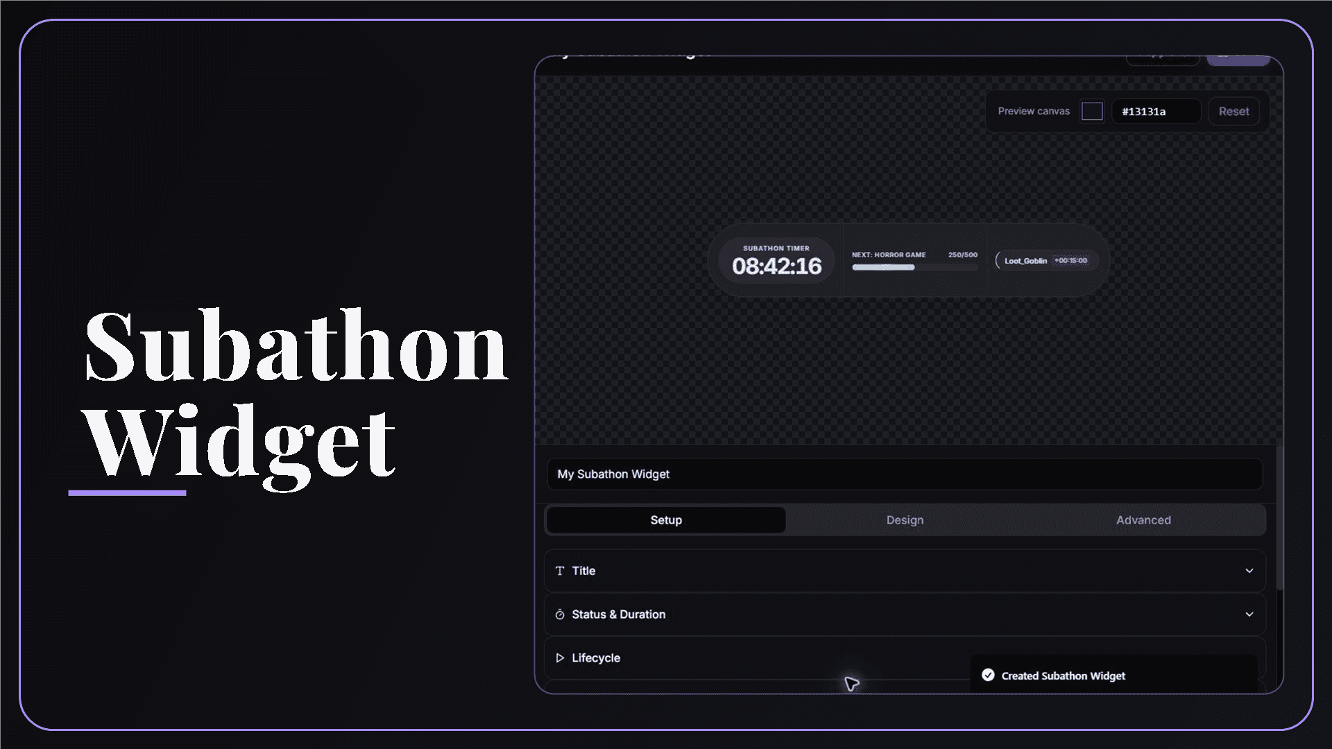 StreamSpell Subathon Widget editor showing a live timer, milestone progress, recent activity, and event controls.