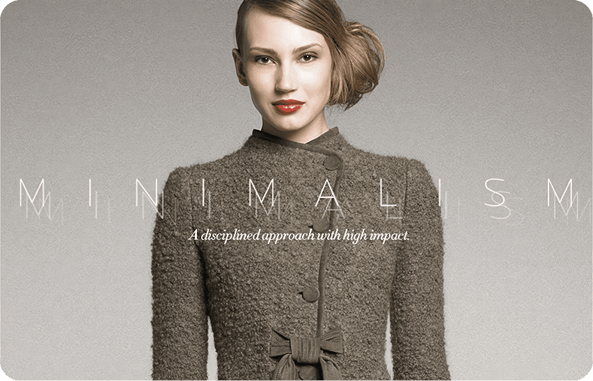 Neiman Marcus editorial featuring woman in textured brown coat with minimalist typography overlay reading 'MINIMALISM'