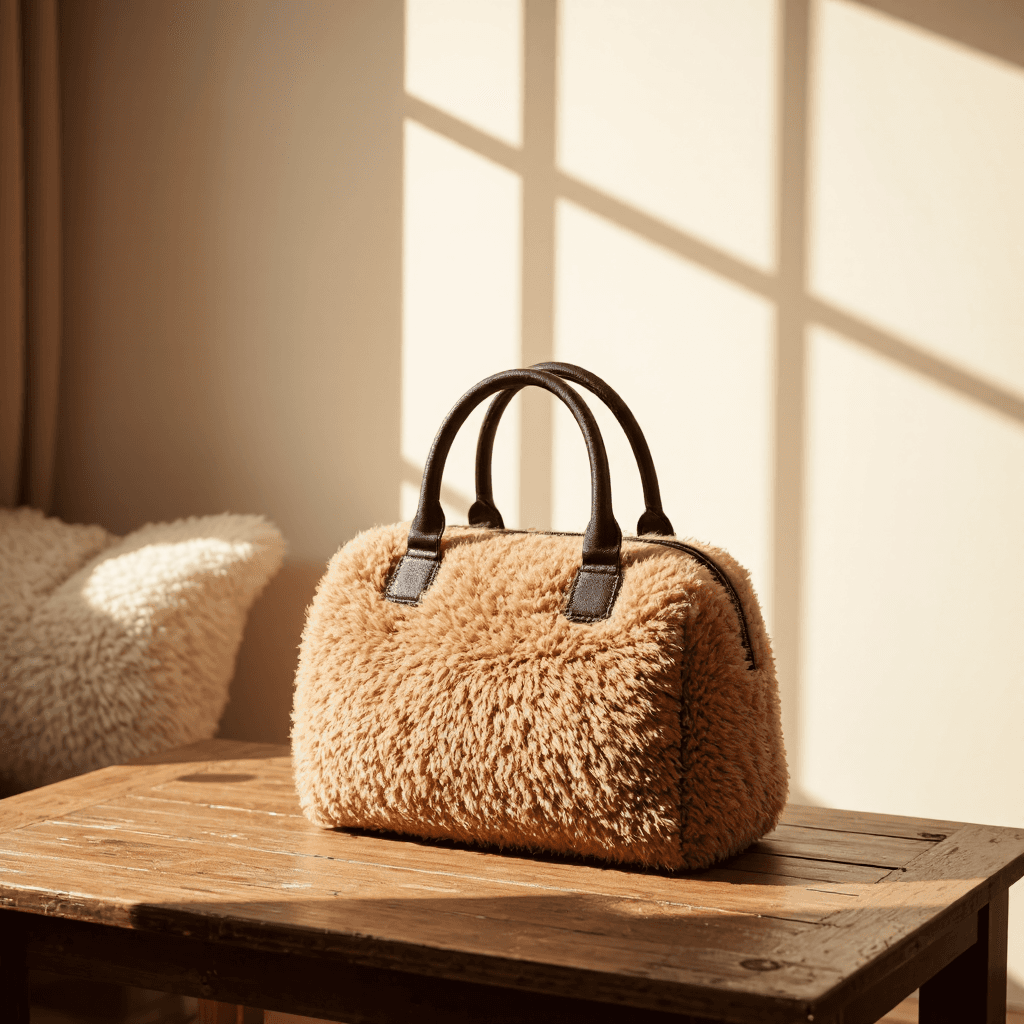 product photography of a fluffy handbag designed for casual use, featuring a soft texture and sturdy handles