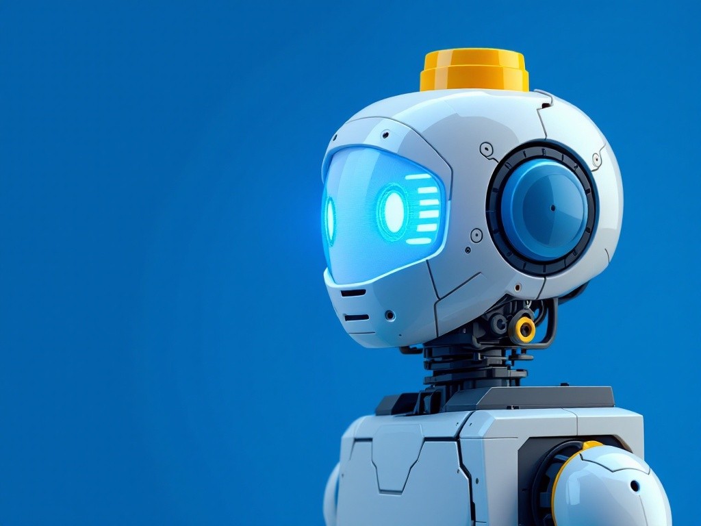 A white robot with a blue eye and a yellow antenna