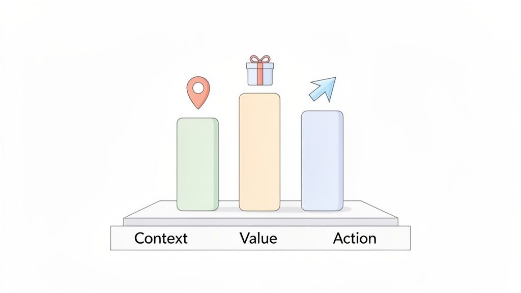 A diagram showing three bars representing Context, Value, and Action, each with a corresponding icon.