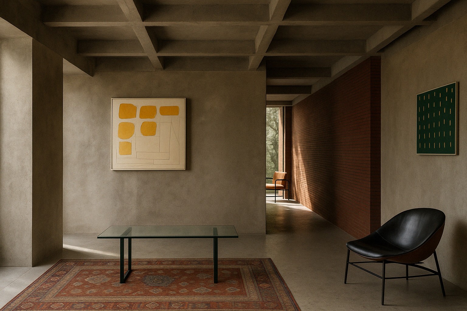 Minimalist brutalist interior with coffered concrete ceiling, abstract artwork and glass table — designed by ODA Architecture Belgium