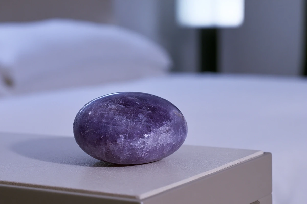 Amethyst palm stone on nightstand beside bed