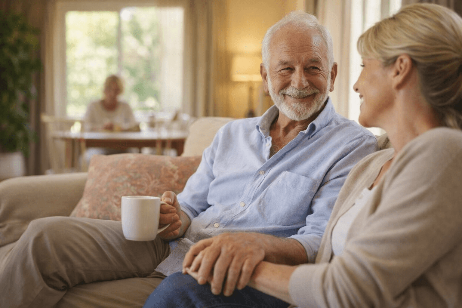 two people looking at a tablet and smiling