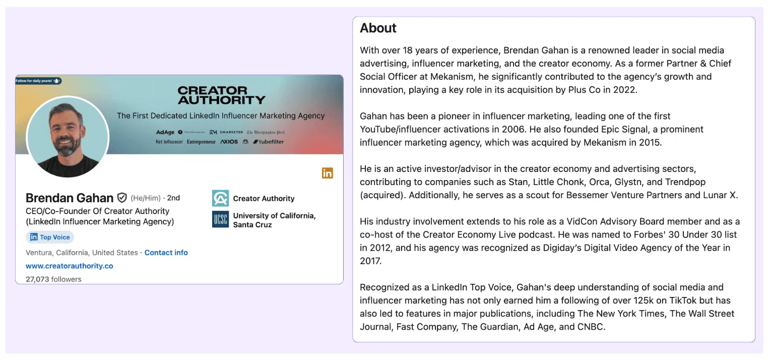 Exacmple of a CEO's about me section on LinkedIn