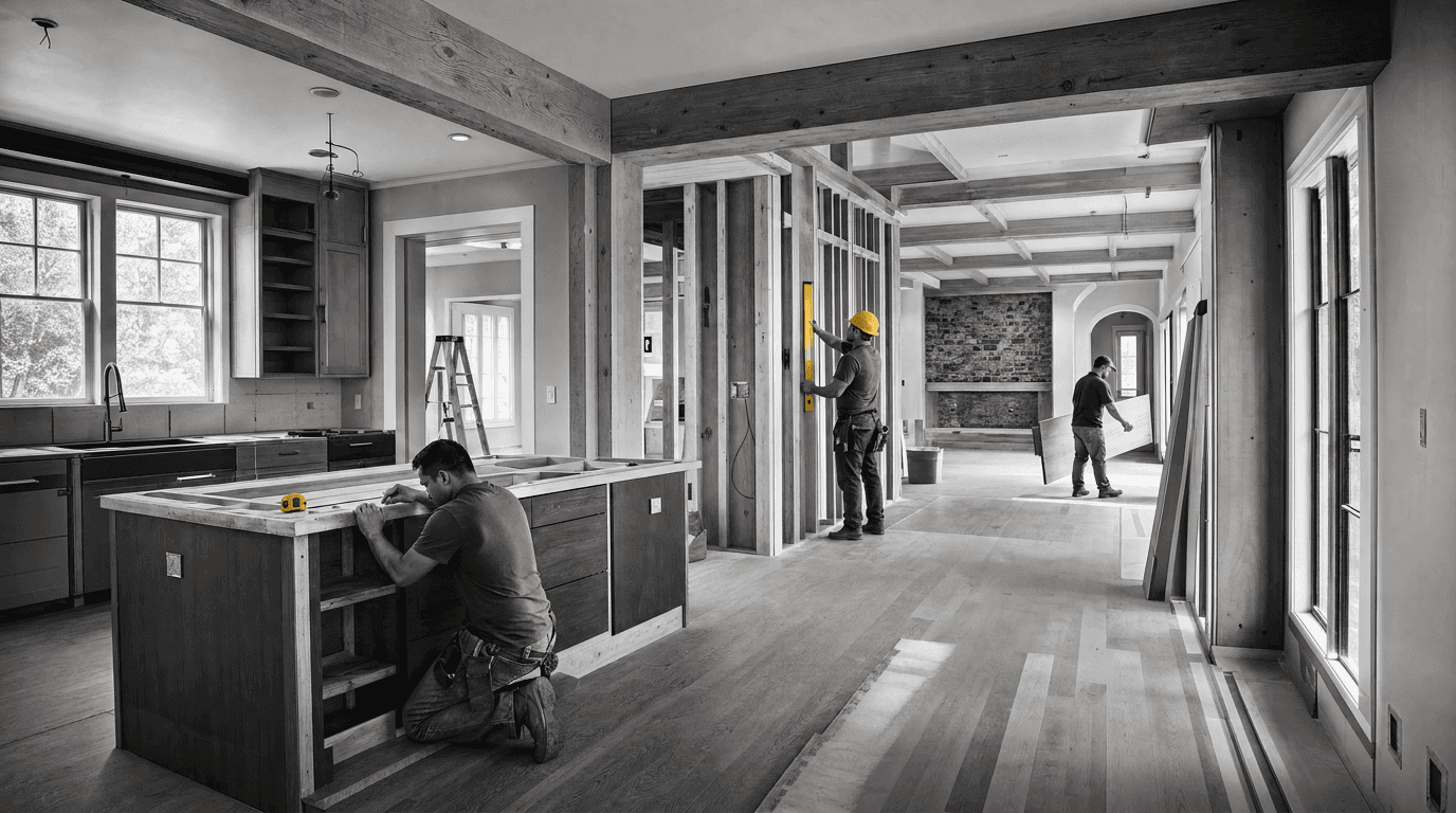 Crew working across connected kitchen and living spaces during a large whole-home renovation.