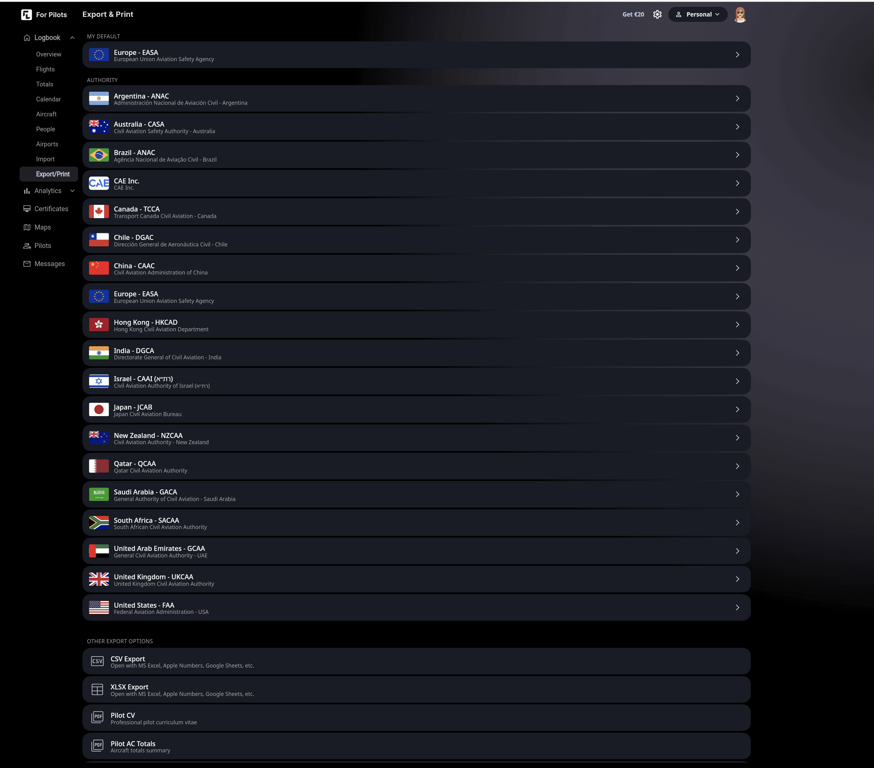 FLYLOG.io Export and Print screen showing pilot logbook formats for aviation authorities worldwide