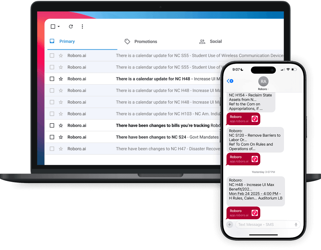 mobile phone and email showing Roboro alerts