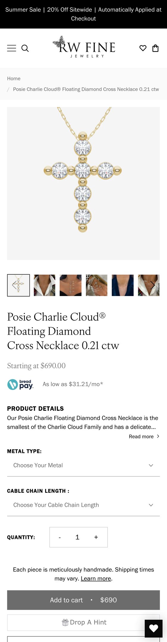 Jewelry product options include: necklace for Posie Charlie Cloud® Floating Diamond Cross Necklace 0.21 ctw from RWFJ.